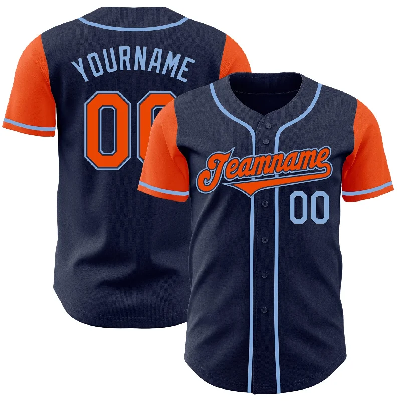 Classic-style baseball jersey for professional players-Custom Navy Orange-Light Blue Authentic Two Tone Baseball Jersey