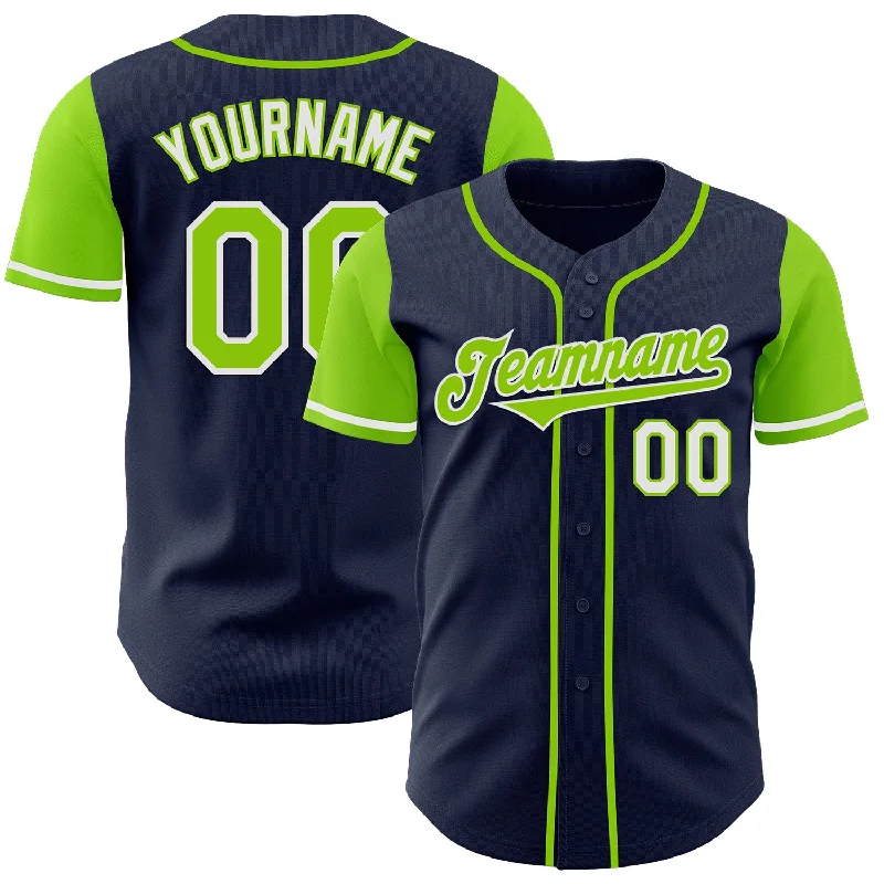 Customized baseball jersey for the whole team-Custom Navy Neon Green-White Authentic Two Tone Baseball Jersey