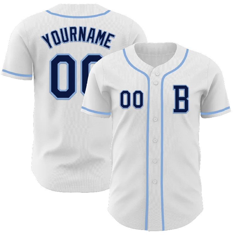 Team baseball jersey for home and away games-Custom White Navy-Light Blue Authentic Baseball Jersey