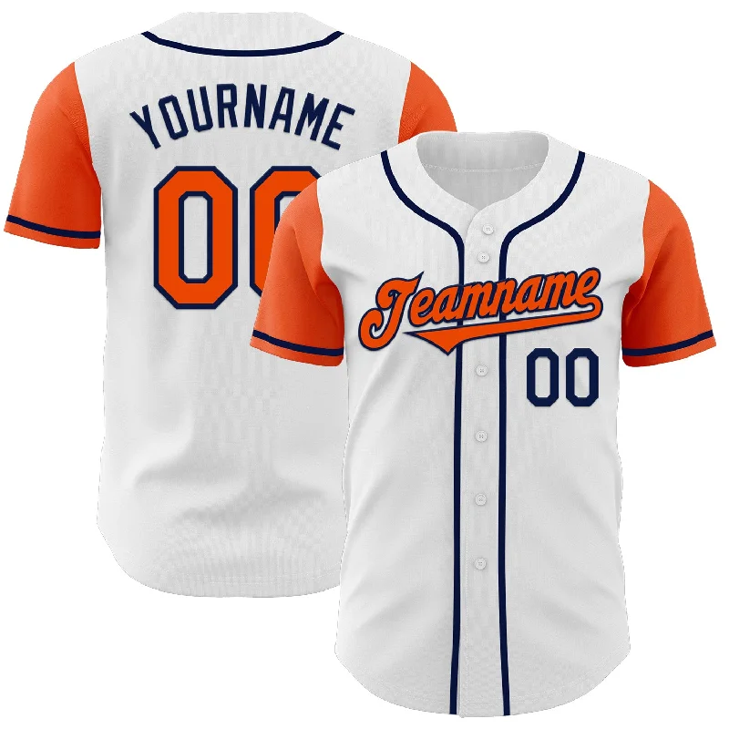 Personalized baseball jersey with cool, custom graphics-Custom White Orange-Navy Authentic Two Tone Baseball Jersey