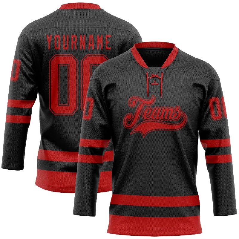 Personalized hockey jersey with professional team details-Custom Black Red Hockey Lace Neck Jersey