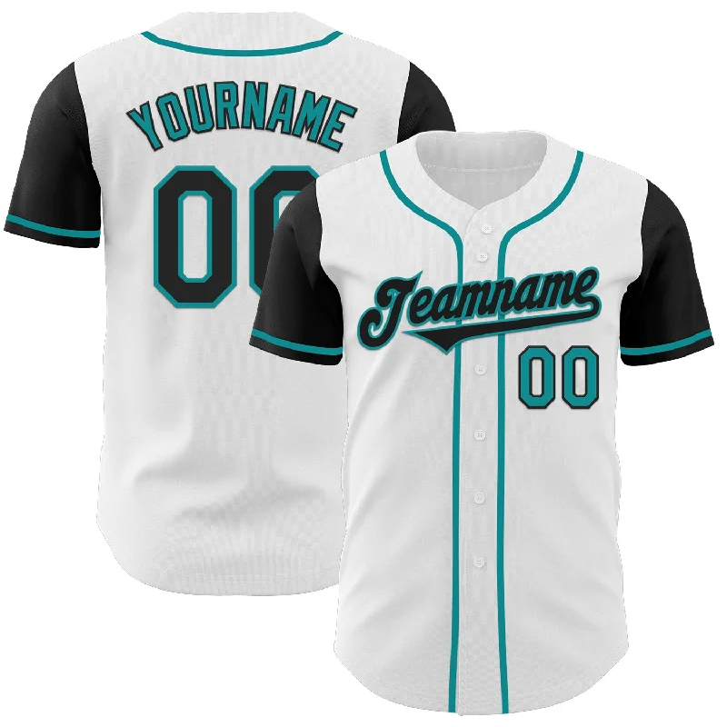 Custom baseball jersey with matching hats-Custom White Black-Teal Authentic Two Tone Baseball Jersey