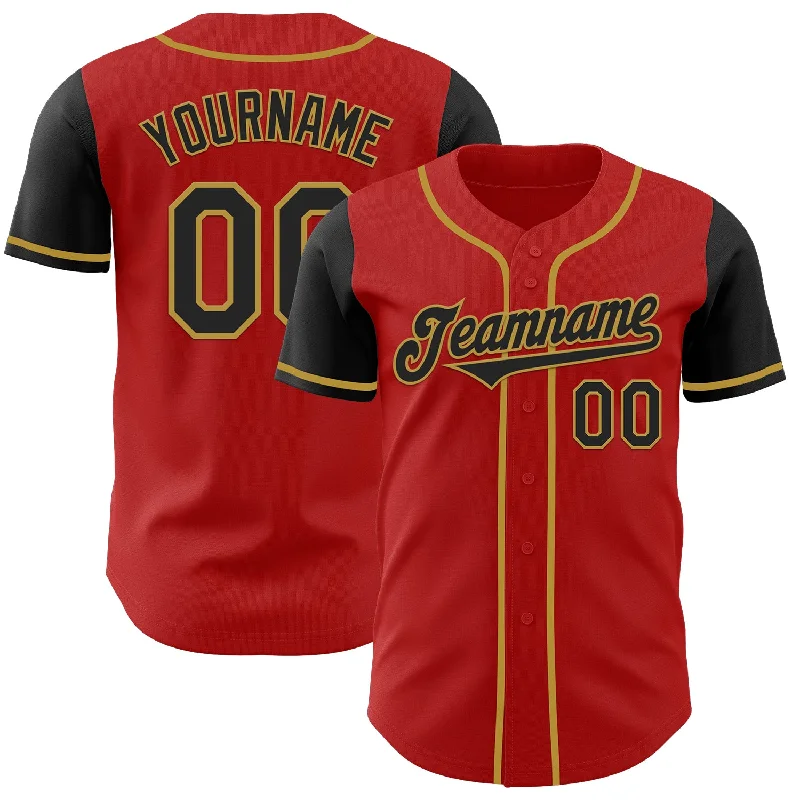 Baseball jersey for official team uniforms-Custom Red Black-Old Gold Authentic Two Tone Baseball Jersey