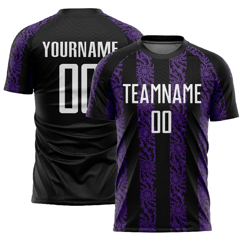 Custom soccer jersey for both indoor and outdoor games-Custom Black White-Purple Abstract Shape Sublimation Soccer Uniform Jersey