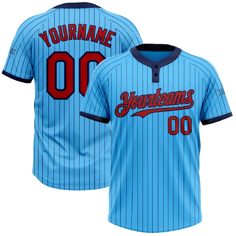 Softball jersey with a lightweight, athletic feel-Custom Sky Blue Navy Pinstripe Red Two-Button Unisex Softball Jersey