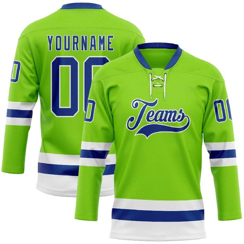 Personalized hockey jersey with player name and number-Custom Neon Green Royal-White Hockey Lace Neck Jersey