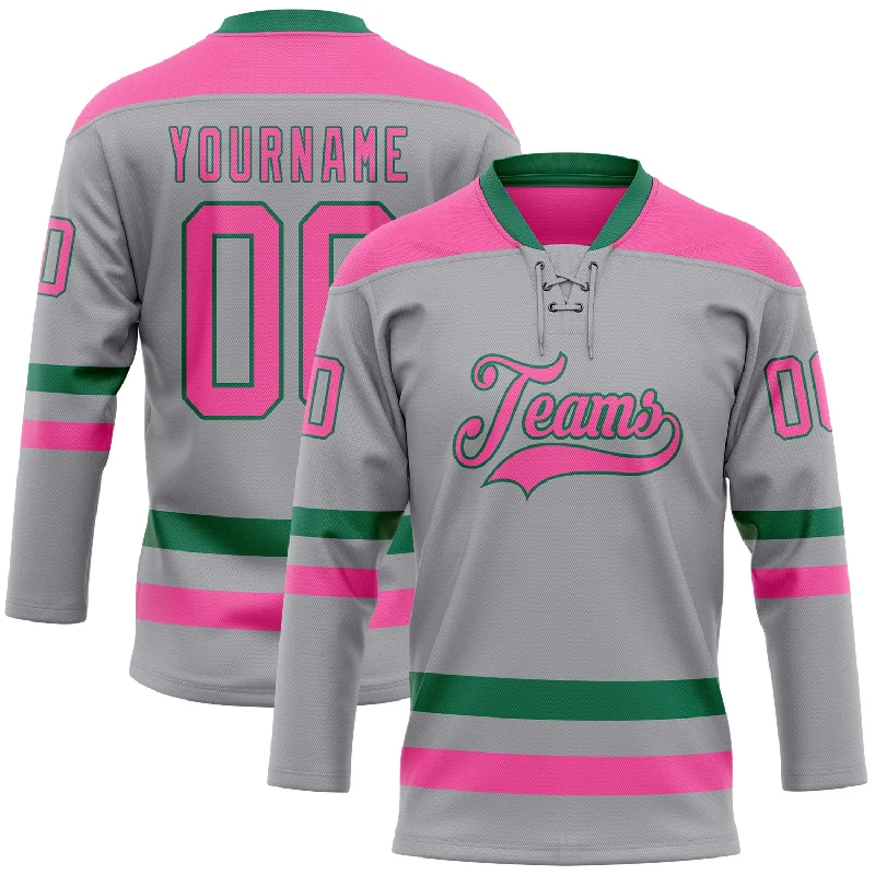 Hockey jersey with performance fabric for competitive play-Custom Gray Pink-Kelly Green Hockey Lace Neck Jersey