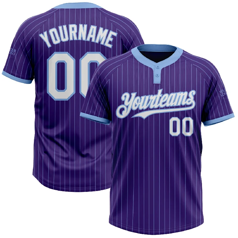 Softball jersey with bold team logo for easy recognition-Custom Purple Light Blue Pinstripe White Two-Button Unisex Softball Jersey