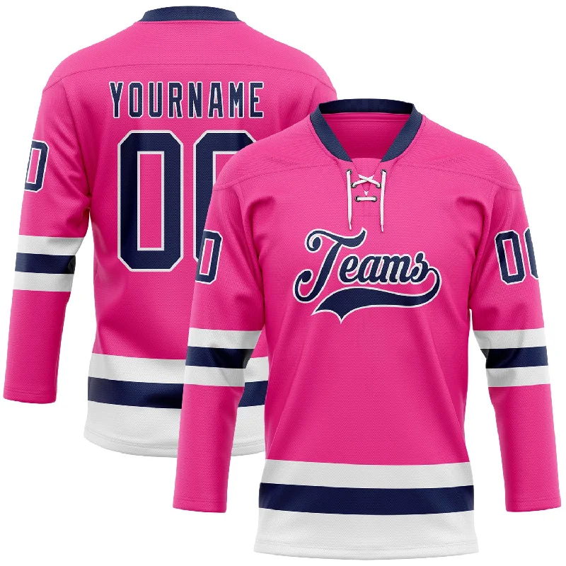 Personalized hockey jersey for kids’ leagues-Custom Pink Navy-White Hockey Lace Neck Jersey