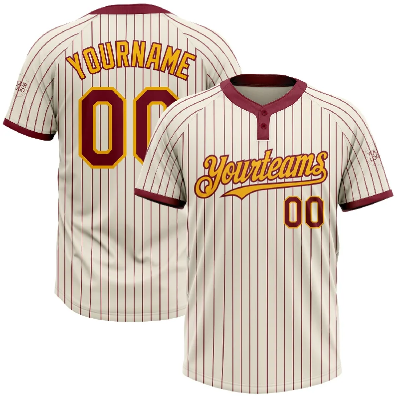 Classic fit softball jersey for all body types-Custom Cream Crimson Pinstripe Gold Two-Button Unisex Softball Jersey