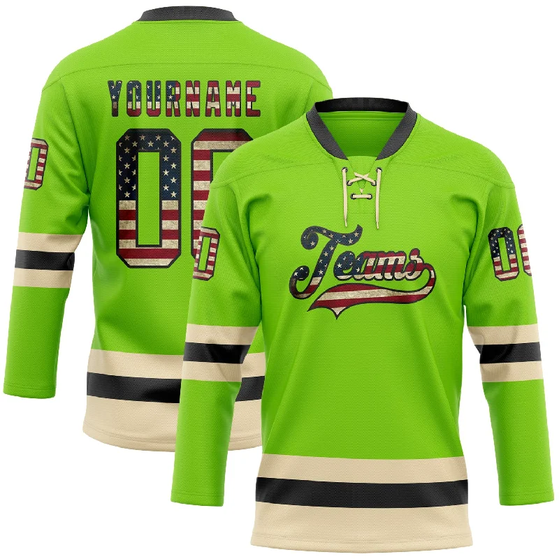 Personalized hockey jersey with team name and colors-Custom Neon Green Vintage USA Flag Black-Cream Hockey Lace Neck Jersey