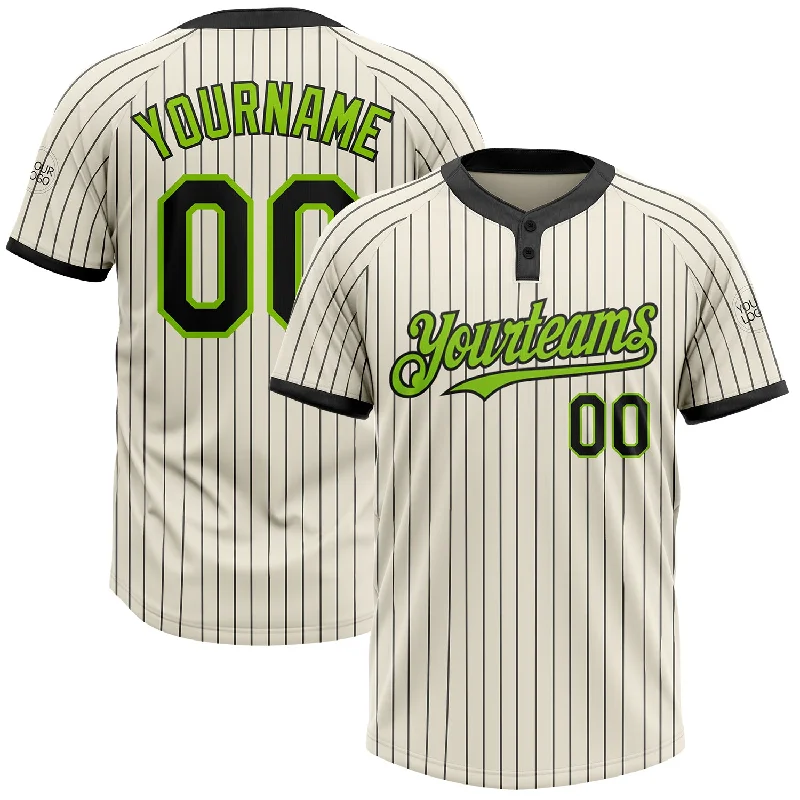 Softball jersey with a sleek, athletic design for high performance-Custom Cream Black Pinstripe Neon Green Two-Button Unisex Softball Jersey