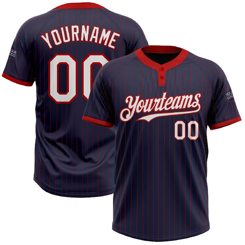 Custom softball jersey with team logo-Custom Navy Red Pinstripe White Two-Button Unisex Softball Jersey