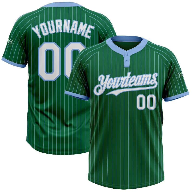 Softball jersey with comfortable, breathable fabric-Custom Kelly Green Light Blue Pinstripe White Two-Button Unisex Softball Jersey