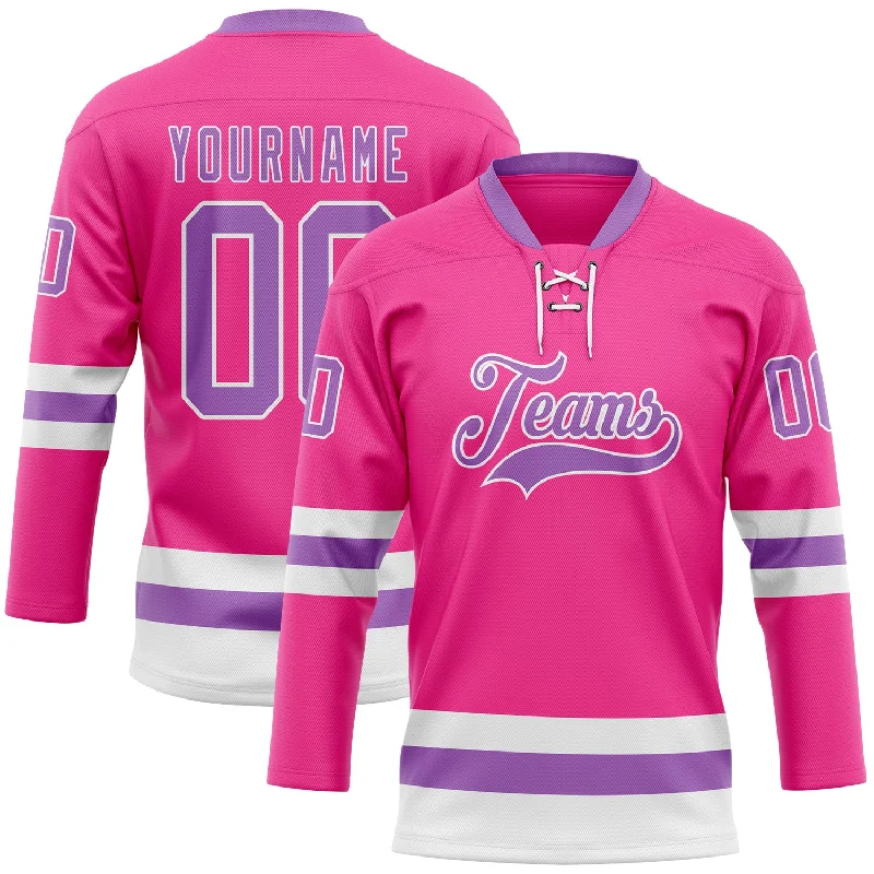 Personalized hockey jersey with unique artwork-Custom Pink Medium Purple-White Hockey Lace Neck Jersey