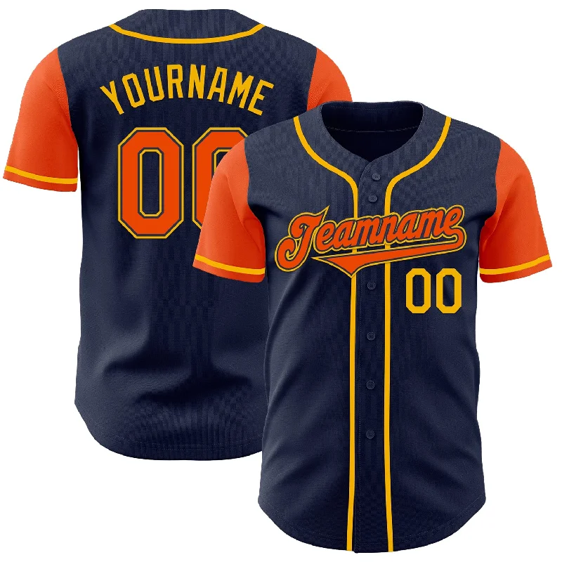 Personalized baseball jersey with iconic team logos-Custom Navy Orange-Gold Authentic Two Tone Baseball Jersey