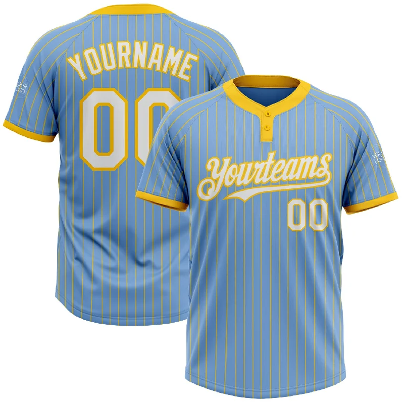 Softball jersey with player’s initials on the chest-Custom Light Blue Yellow Pinstripe White Two-Button Unisex Softball Jersey