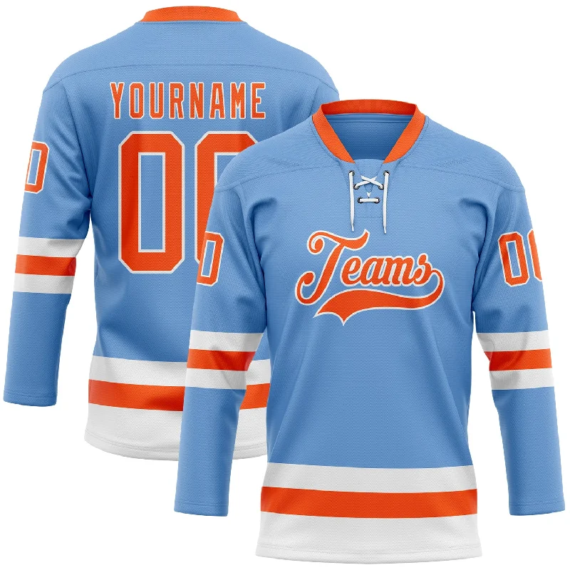 Custom hockey jersey with subtle accents and branding-Custom Light Blue Orange-White Hockey Lace Neck Jersey