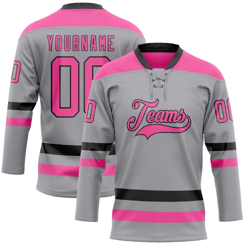 Hockey jersey with durable fabric for long-lasting wear-Custom Gray Pink-Black Hockey Lace Neck Jersey