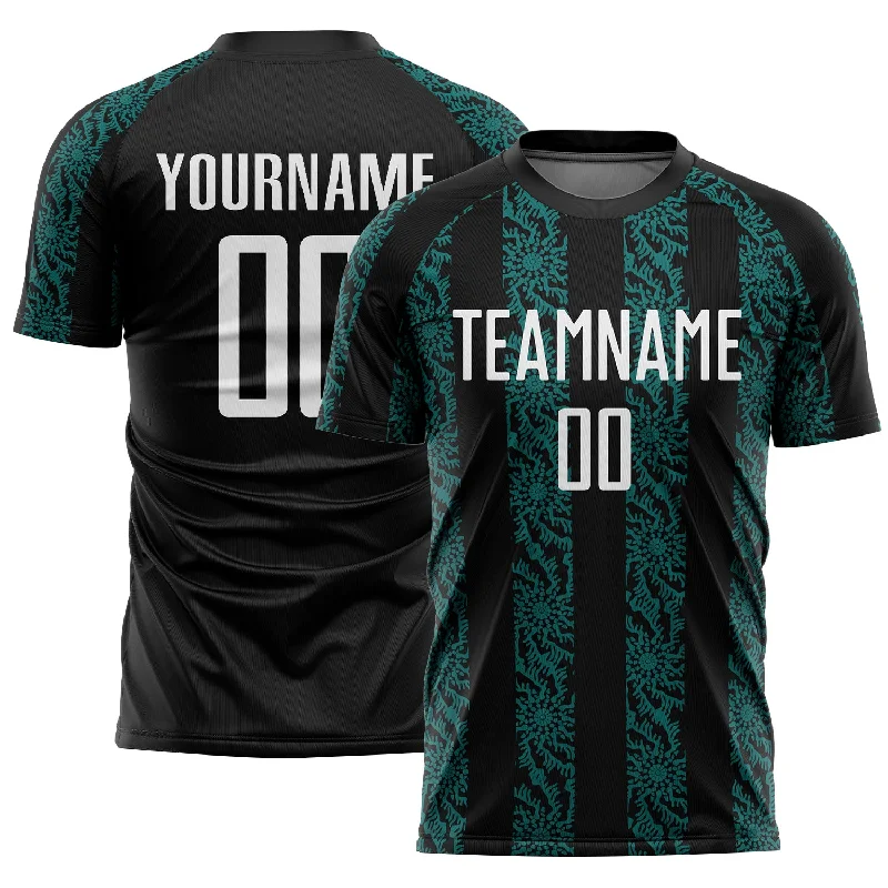 Soccer jersey for women, men, and youth players-Custom Black White-Teal Abstract Shape Sublimation Soccer Uniform Jersey