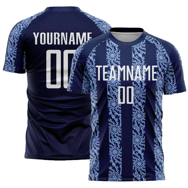 Authentic soccer jersey for collectors-Custom Navy White-Light Blue Abstract Shape Sublimation Soccer Uniform Jersey