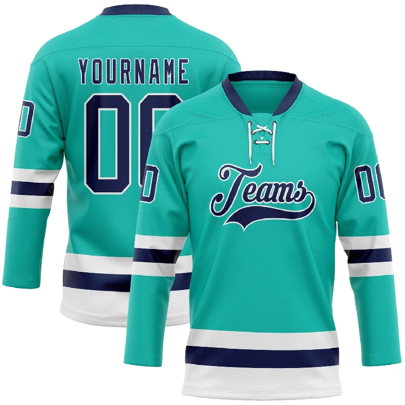 Personalized hockey jersey for retro collectors-Custom Aqua Navy-White Hockey Lace Neck Jersey