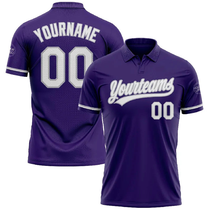 Custom golf polo shirt with player’s name and team logo-Custom Purple White-Gray Performance Vapor Golf Polo Shirt