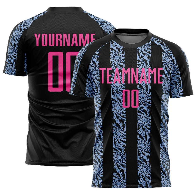 Personalized soccer jersey with vibrant color schemes-Custom Black Pink-Light Blue Abstract Shape Sublimation Soccer Uniform Jersey