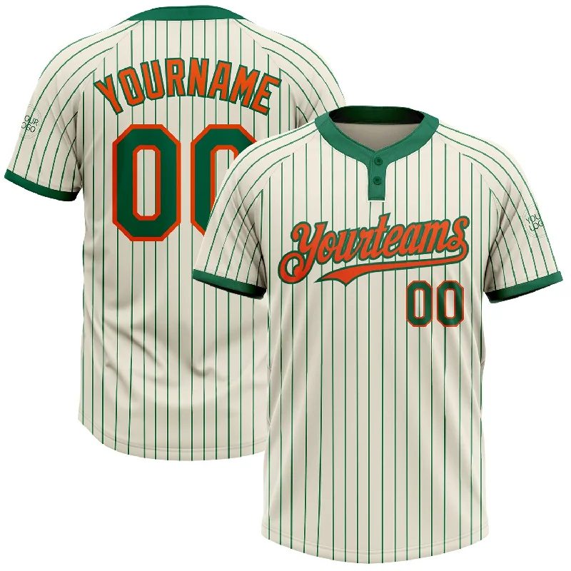 Custom embroidered softball jersey-Custom Cream Kelly Green Pinstripe Orange Two-Button Unisex Softball Jersey