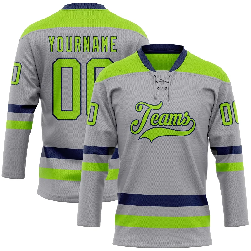 Personalized hockey jersey with player name and number-Custom Gray Neon Green-Navy Hockey Lace Neck Jersey