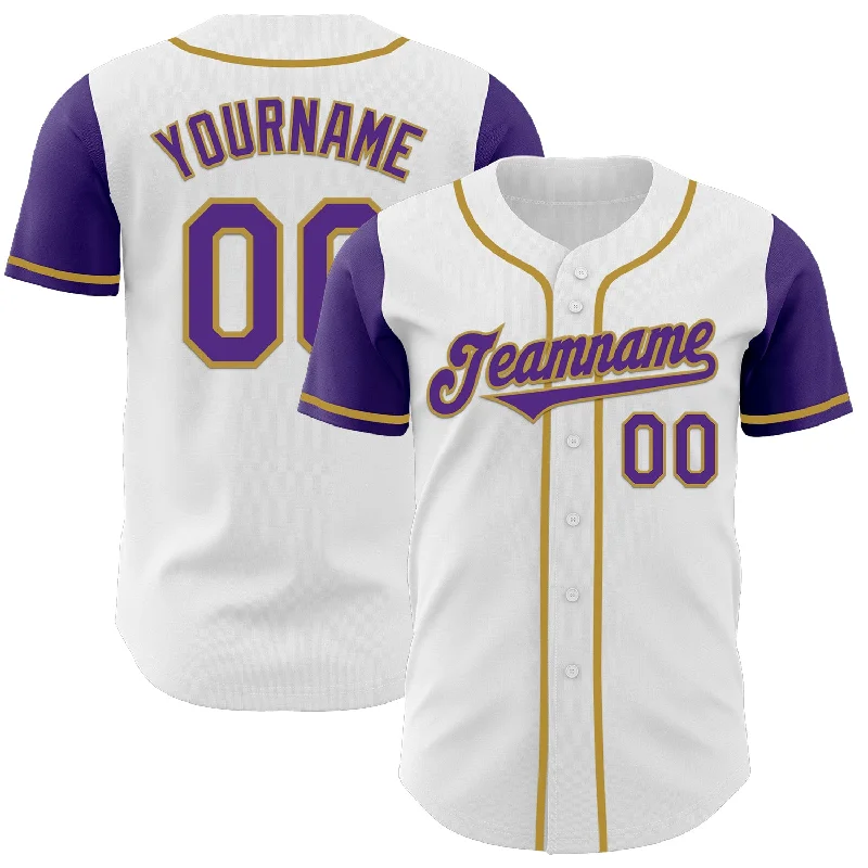 Baseball jersey with fun, bold graphic prints-Custom White Purple-Old Gold Authentic Two Tone Baseball Jersey