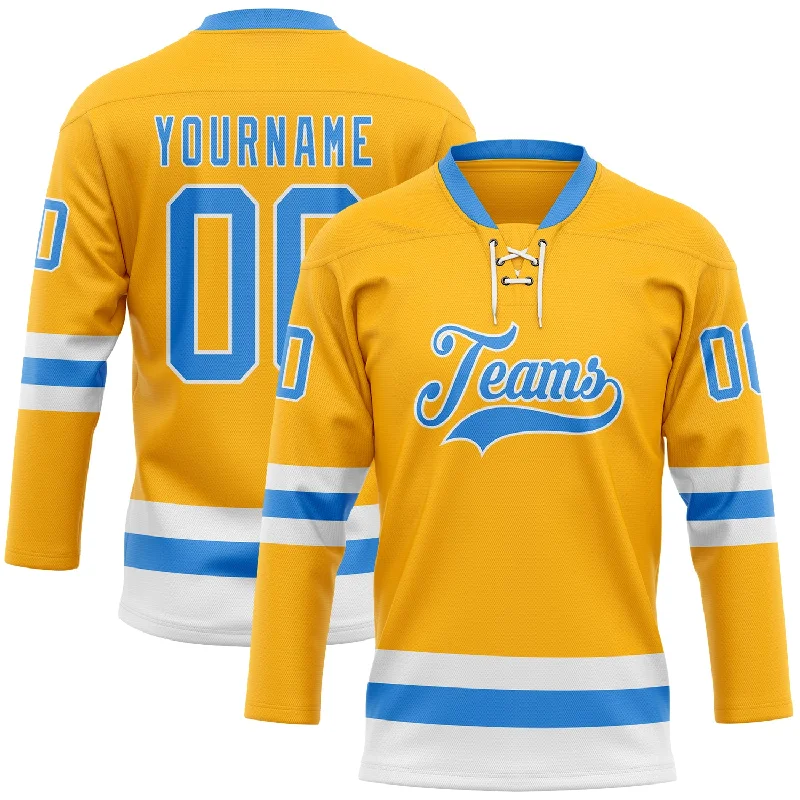 Custom hockey jersey for youth tournaments-Custom Gold Powder Blue-White Hockey Lace Neck Jersey