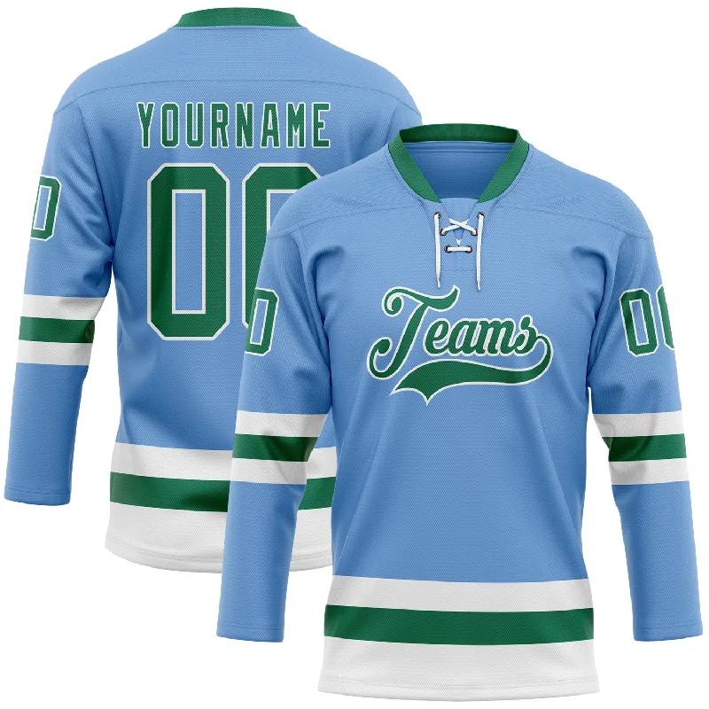 Personalized hockey jersey for local leagues and events-Custom Light Blue Kelly Green-White Hockey Lace Neck Jersey