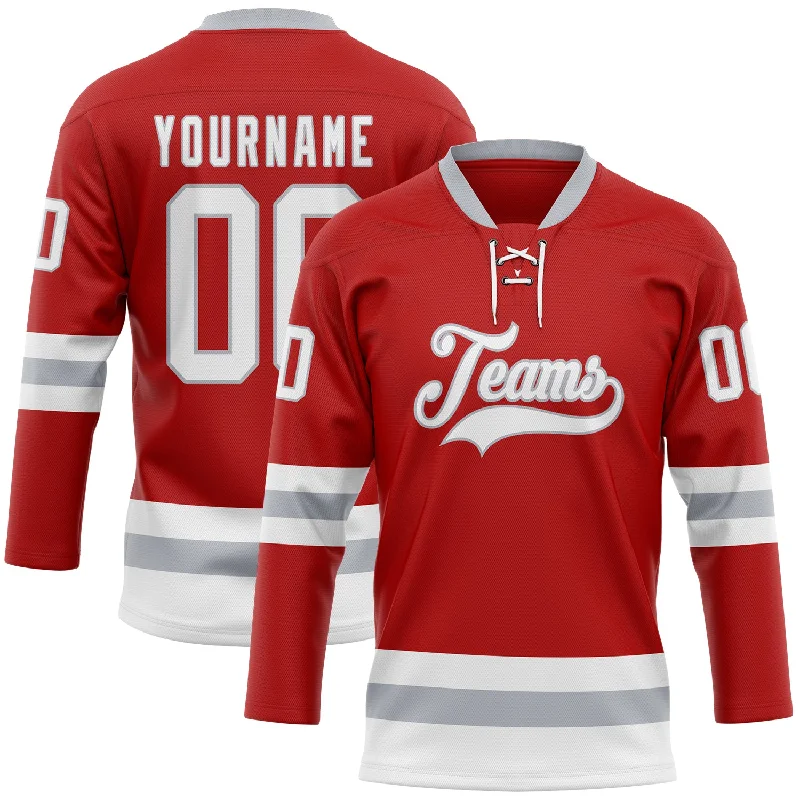 Personalized hockey jersey for team spirit events-Custom Red White-Gray Hockey Lace Neck Jersey