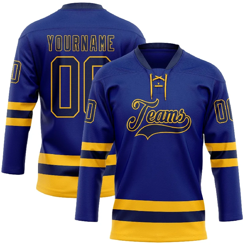 Hockey jersey with comfortable, flexible fit for all players-Custom Royal Navy-Gold Hockey Lace Neck Jersey