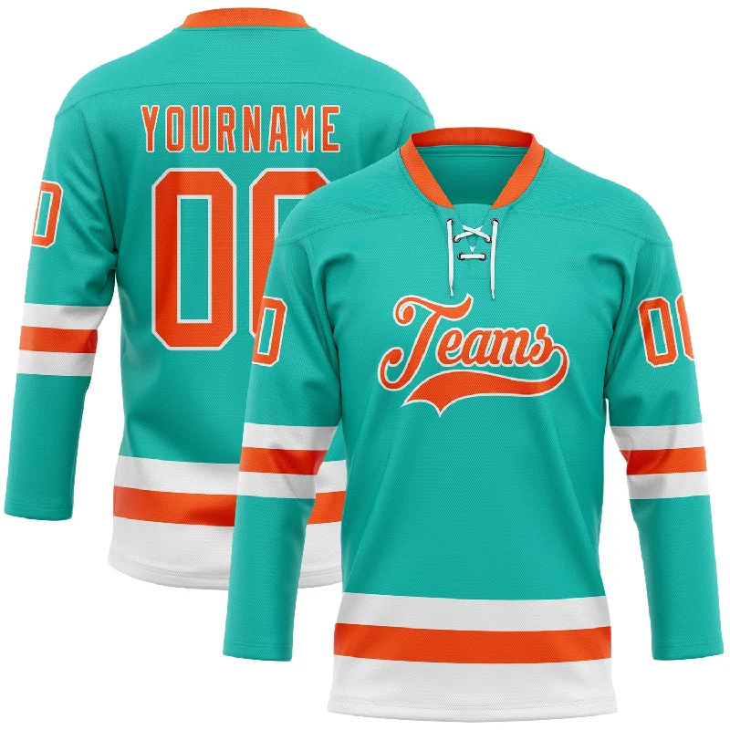 Personalized hockey jersey for event giveaways-Custom Aqua Orange-White Hockey Lace Neck Jersey