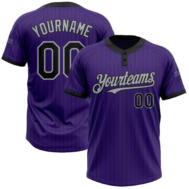 Softball jersey with a stylish v-neck design-Custom Purple Black Pinstripe Gray Two-Button Unisex Softball Jersey