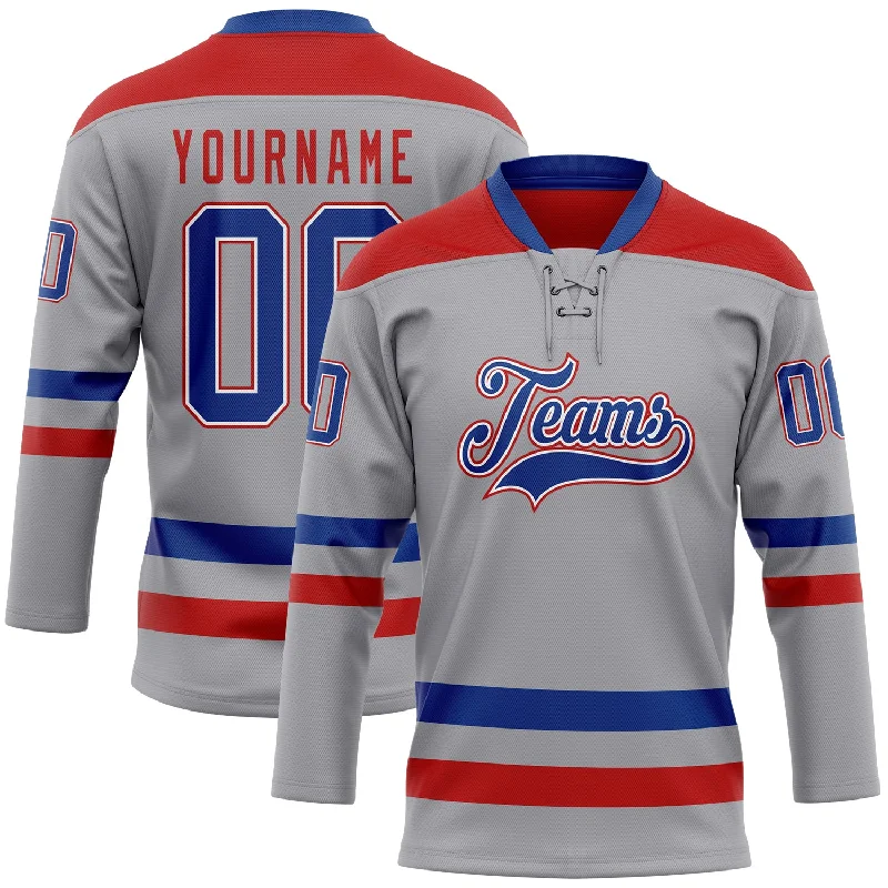 Custom hockey jersey for off-ice wear-Custom Gray Royal-Red Hockey Lace Neck Jersey