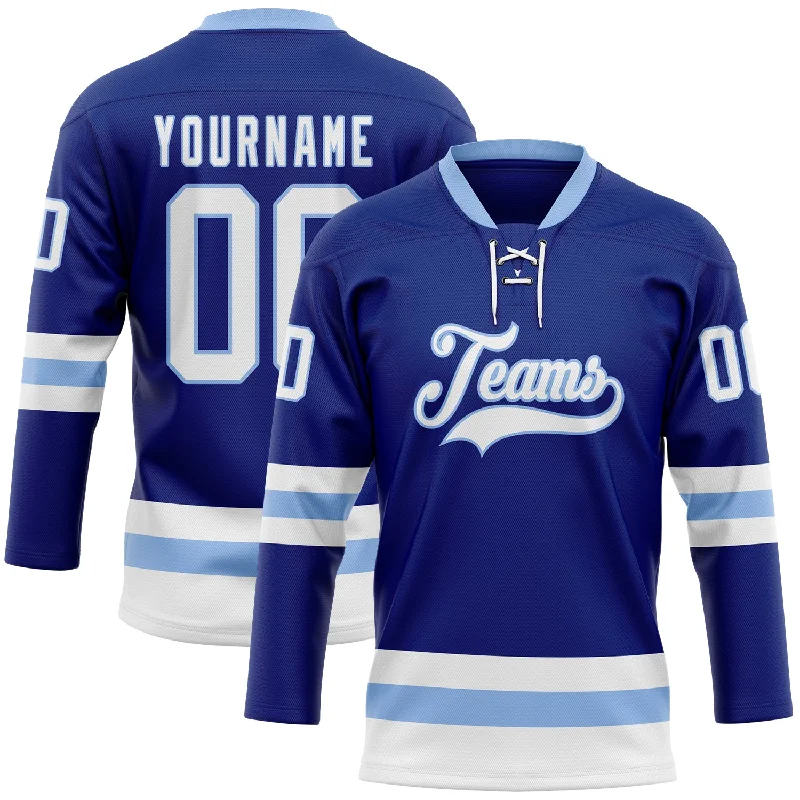 Hockey jersey with cooling technology for intense games-Custom Royal White-Light Blue Hockey Lace Neck Jersey