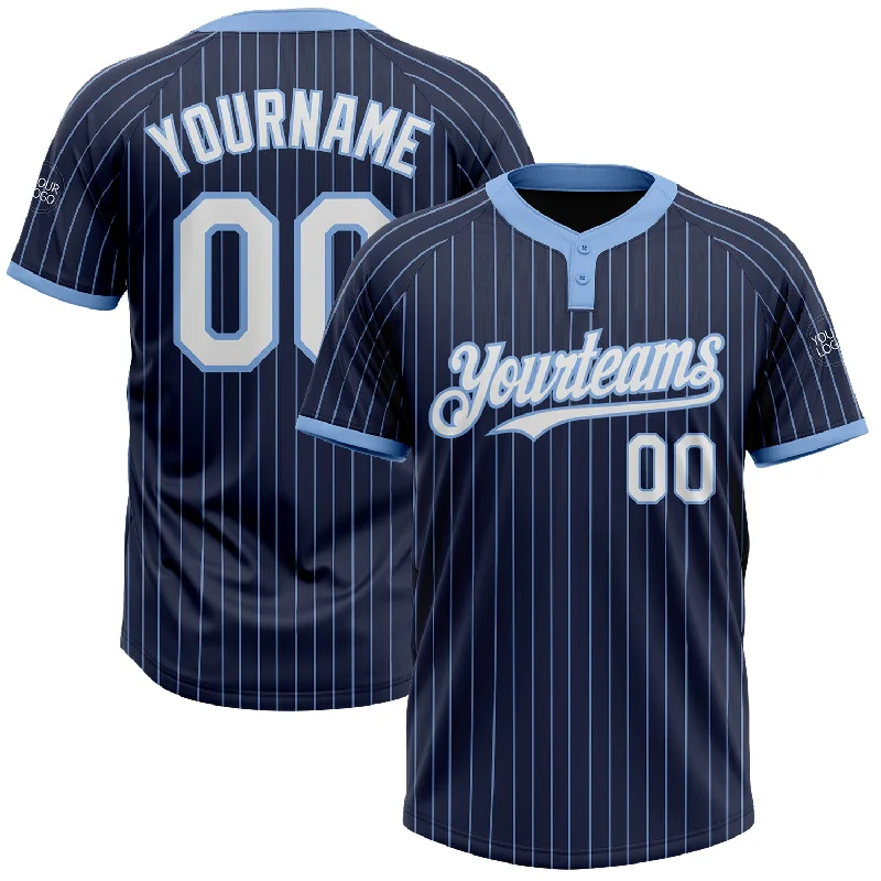 Softball jersey with a modern, slim fit-Custom Navy Light Blue Pinstripe White Two-Button Unisex Softball Jersey