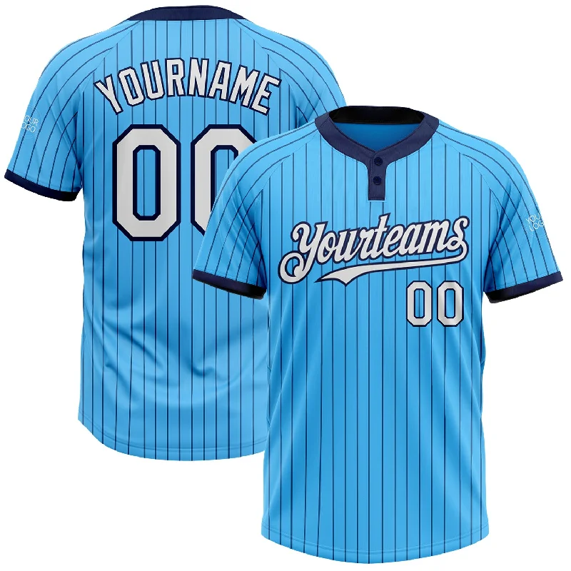 Softball jersey with a zip-up collar for style and comfort-Custom Sky Blue Navy Pinstripe White Two-Button Unisex Softball Jersey