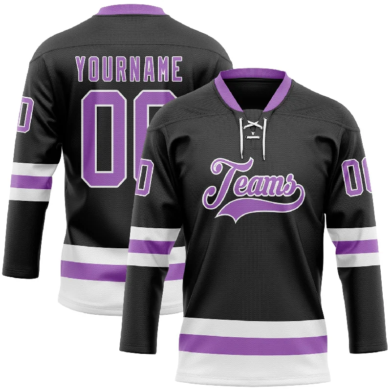 Personalized hockey jersey with custom design-Custom Black Medium Purple-White Hockey Lace Neck Jersey