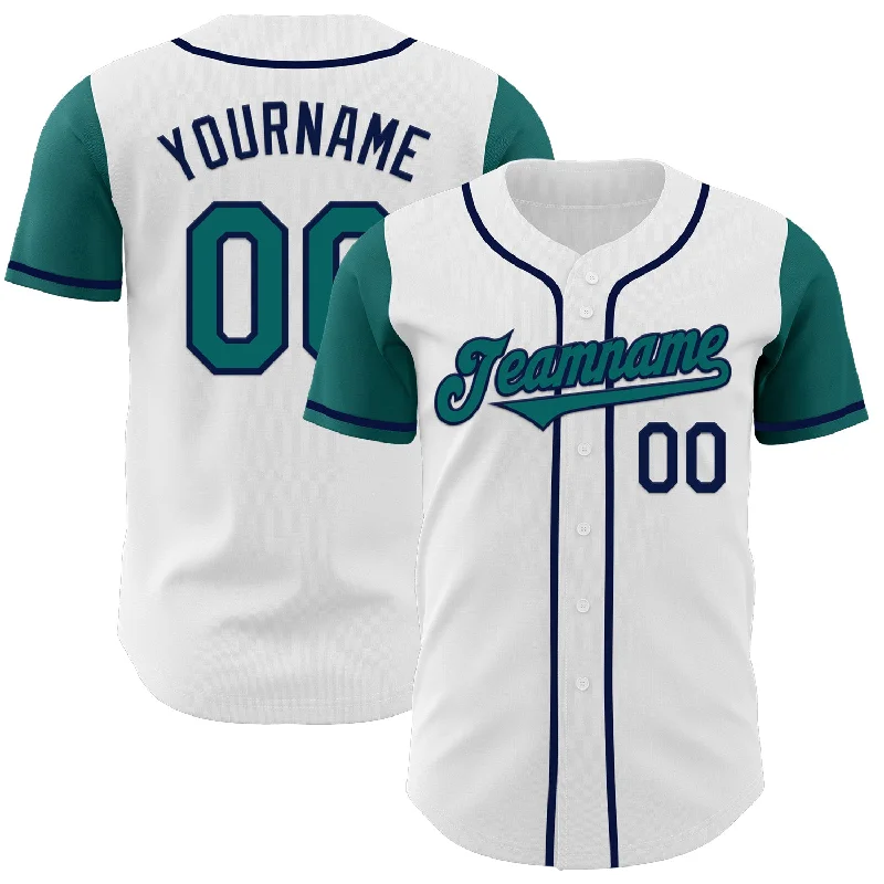 Premium baseball jersey for adults-Custom White Teal-Navy Authentic Two Tone Baseball Jersey