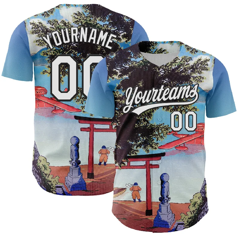 Personalized baseball jersey with custom colors-Custom Sky Blue White-Black 3D Syntetyc The Red Plane Authentic Baseball Jersey