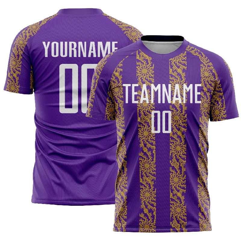 Custom soccer jersey with player name and number-Custom Purple White-Old Gold Abstract Shape Sublimation Soccer Uniform Jersey