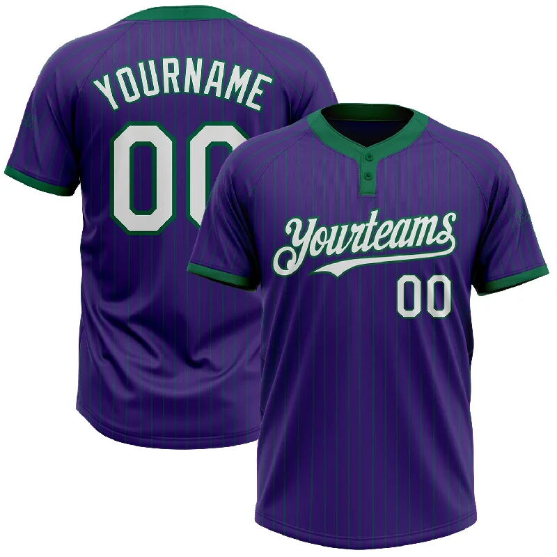 Softball jersey with high stretch for better movement-Custom Purple Kelly Green Pinstripe White Two-Button Unisex Softball Jersey