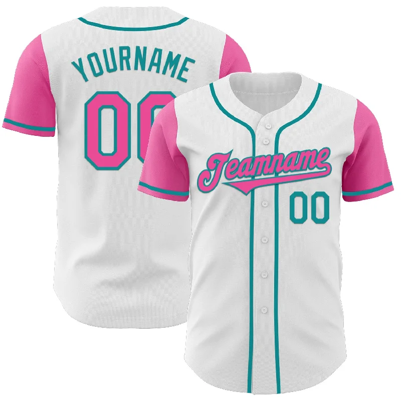 Baseball jersey with athletic fit for active players-Custom White Pink-Teal Authentic Two Tone Baseball Jersey