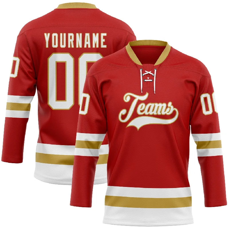 Custom hockey jersey for fan clubs and communities-Custom Red White-Old Gold Hockey Lace Neck Jersey