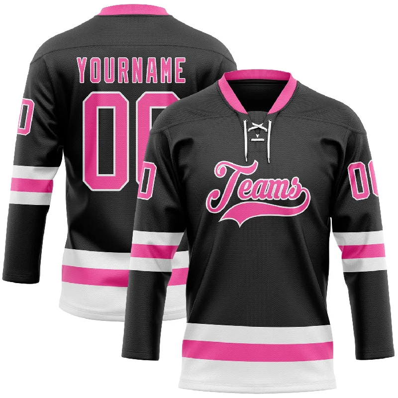 Custom hockey jersey with customizable options-Custom Black Pink-White Hockey Lace Neck Jersey