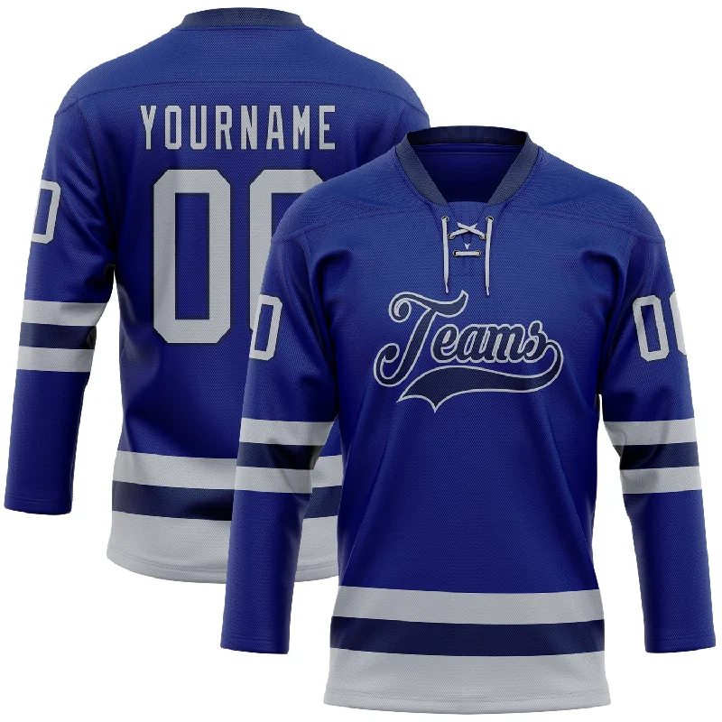 Custom hockey jersey with bold, standout features-Custom Royal Gray-Navy Hockey Lace Neck Jersey